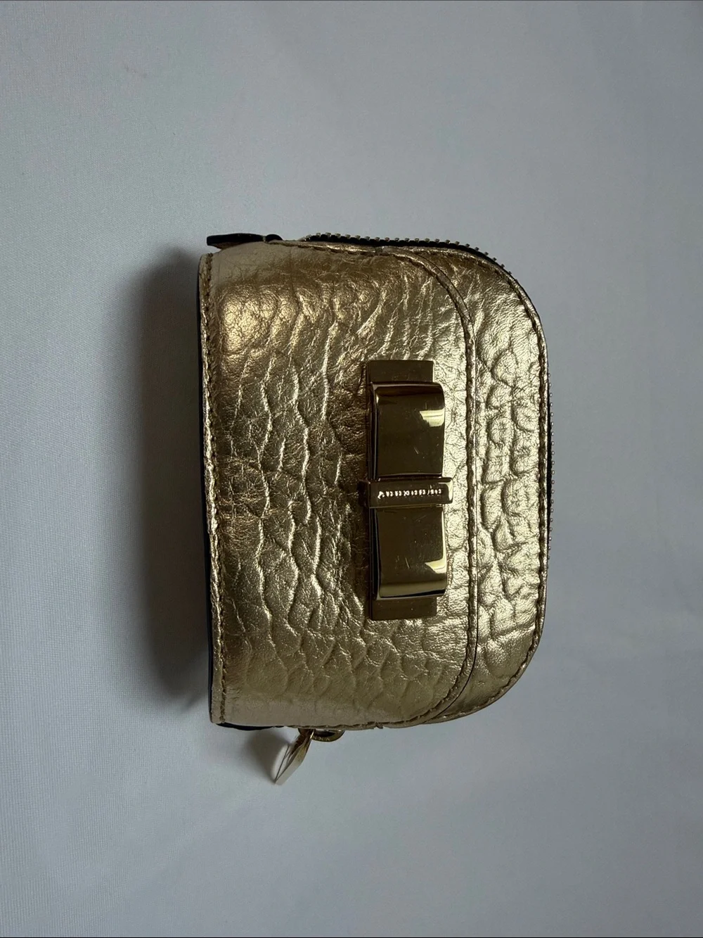 Burberry Metallic Gold Textured Mini Bow-Accent Pouch
